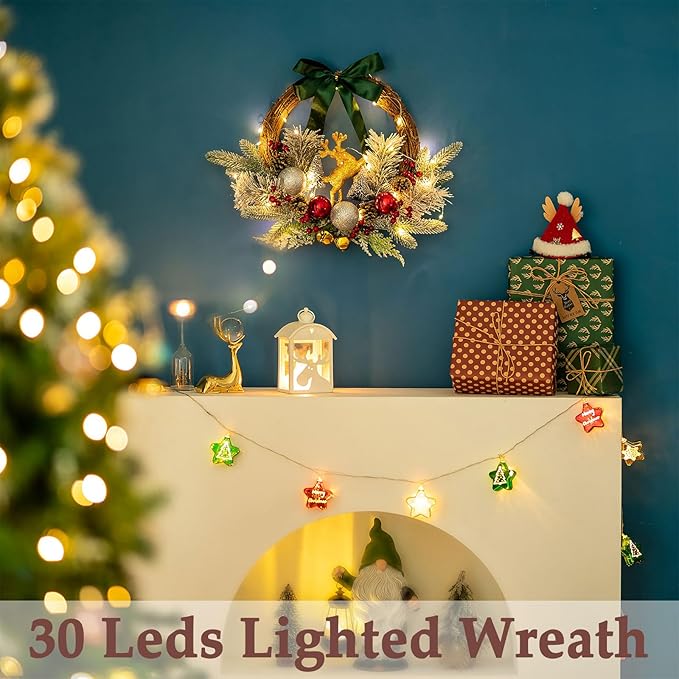 Christmas Door Wreath Lighted Xmas Wreaths - Walasis Winter Wreaths for Front Door Decor Outside Flocked Christmas Wreath Hanging with Lights for Wall