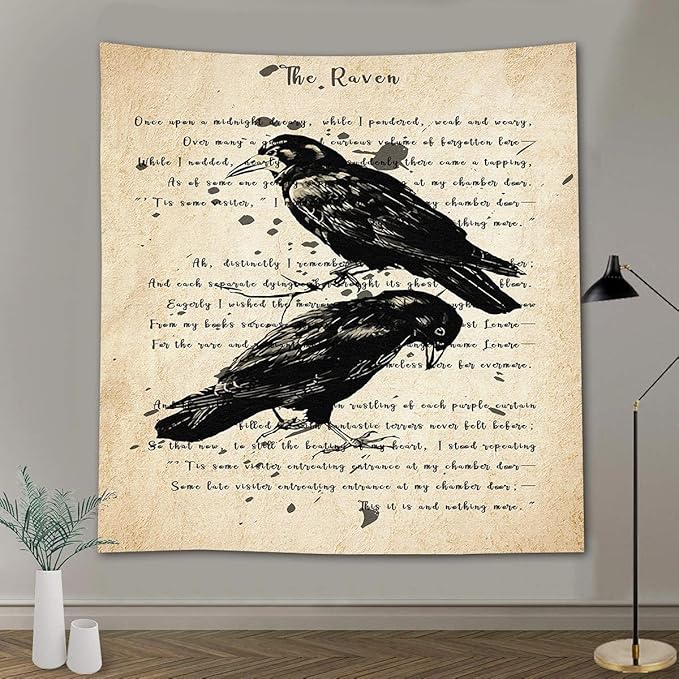 Raven Poem Wall Hanging 51x60 Inches - Crow Tapestry for Living Room, Bedroom, Home, Dorm, Office Decor