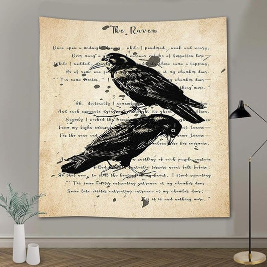 Raven Poem Wall Hanging 51x60 Inches - Crow Tapestry for Living Room, Bedroom, Home, Dorm, Office Decor