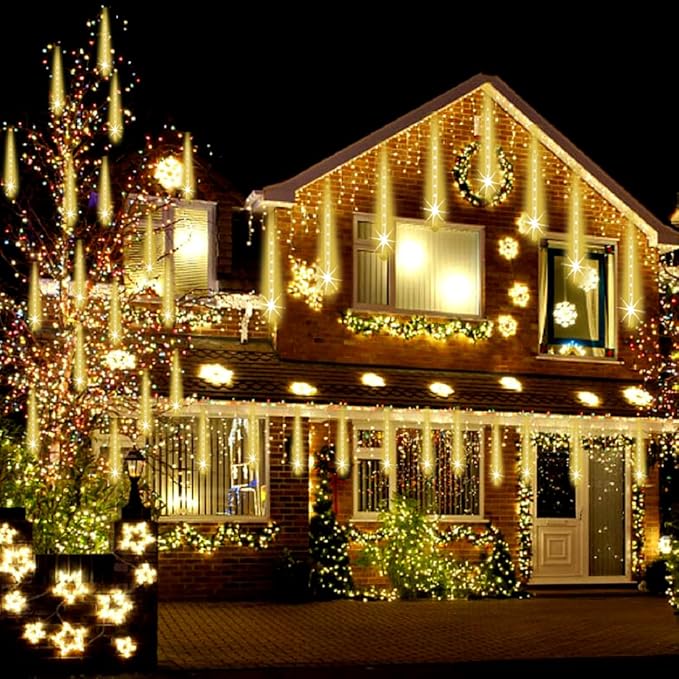 Christmas Lights Outdoor, UL Certified Falling Rain Drop Light 8 Tubes 192 LED Meteor Shower Lights Snow Dripping Icicle Light for Xmas Tree Christmas Decorations Holiday Party, Warm White