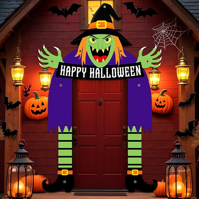 Halloween Witch Party Porch Banner Witch Door Banner for Halloween Outdoor Decorations Fabric Porch Sign for Birthday Photo Backdrop Photo Booth Props Front Door Cover Indoor Wall Hanging Supplies
