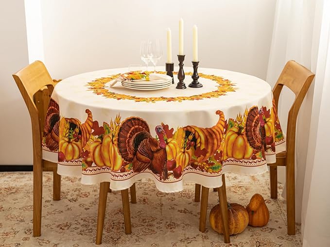 YiHomer Fall Thanksgiving Tabletop Collection for Kitchen Dining Decoration Parties Harvest, Harvest Party, Tablecloth, 70" Round