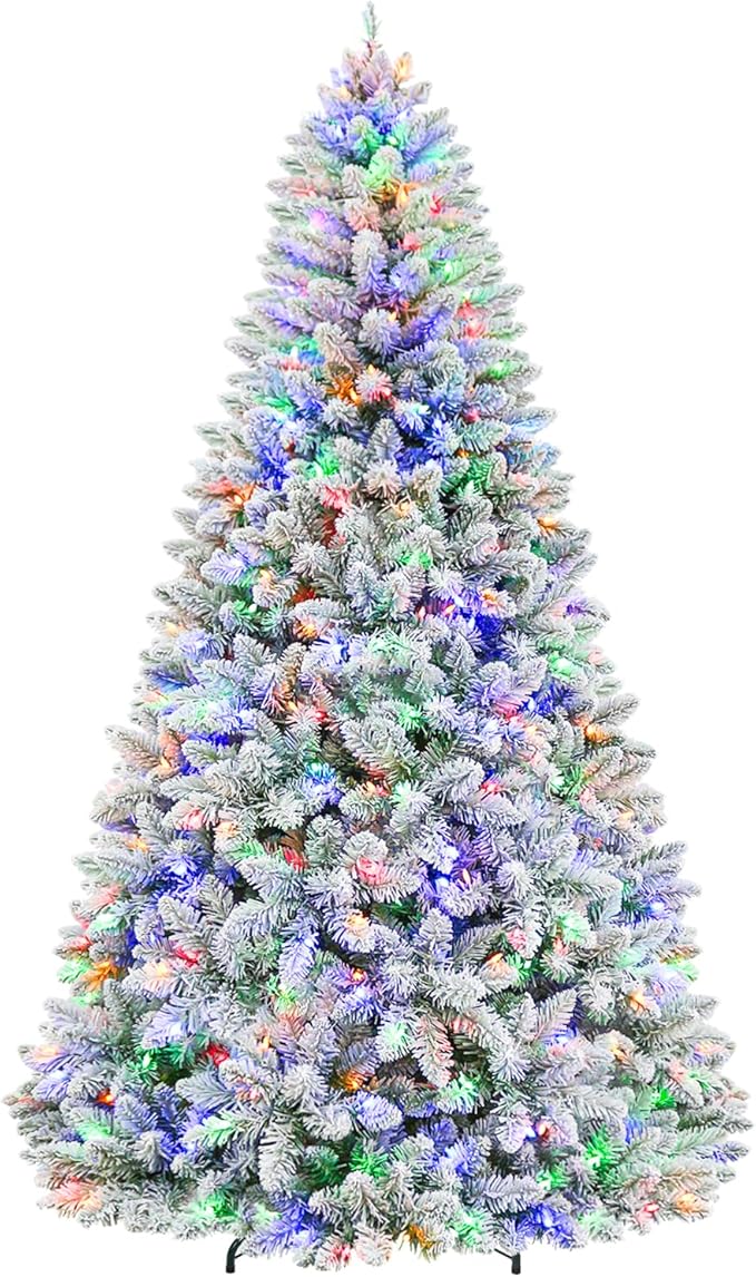 6ft Lighted Artificial Christmas Tree, 250 Multicolor LED Lights, Snow Flocked Christmas Tree with 1032 PVC Tips, Metal Base & Hinged Branches for Holiday, 10 Modes