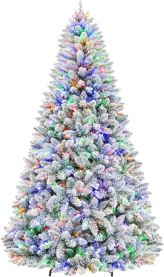 6ft Lighted Artificial Christmas Tree, 250 Multicolor LED Lights, Snow Flocked Christmas Tree with 1032 PVC Tips, Metal Base & Hinged Branches for Holiday, 10 Modes
