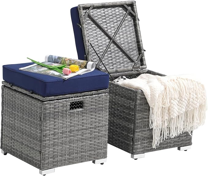 Patiorama 2 Piece Outdoor Patio Ottomans,All-Weather Grey PE Rattan Wicker Ottoman with Storage,Outdoor Footrest Footstool Seat w/Thick Cushion,Built-in Handle for Backyard Poolside Porch (Navy Blue)