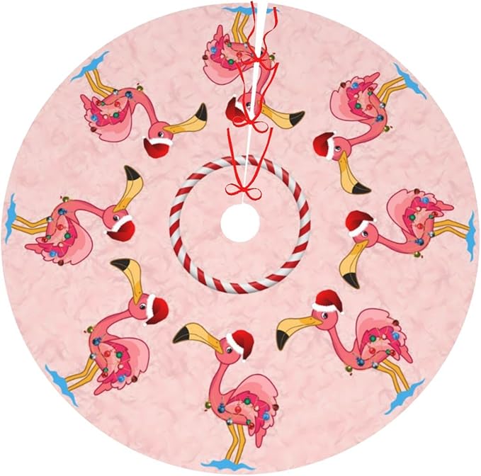 48" Large Christmas Tree Skirt, Christmas Decorated Flamingo Pattern Tree Mat Base Cover for Xmas Festive Holiday Party Decoration Ornaments