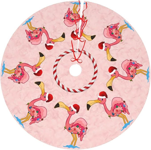 48" Large Christmas Tree Skirt, Christmas Decorated Flamingo Pattern Tree Mat Base Cover for Xmas Festive Holiday Party Decoration Ornaments