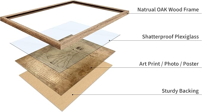 Poster Master Classic Leonardo Da Vinci Poster - Vintage Renaissance Print - Gift for Artist, Friend - Vitruvian Man, Proportion, Symmetry, Human Body - Wall Decor for Office, 16x20 Beige Framed