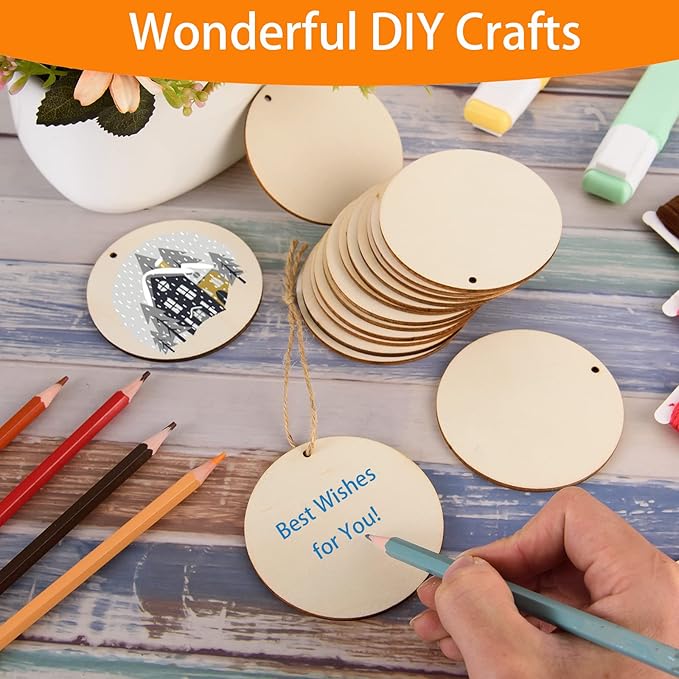 120 Pcs 3 Inch Unfinished Rounds Wooden Circles with Holes Wooden Tags Round Wood Discs Cutouts for Crafts Natural Blank Wood Circle Ornaments Hanging Tags for DIY Crafts, Painting, Christmas Decor