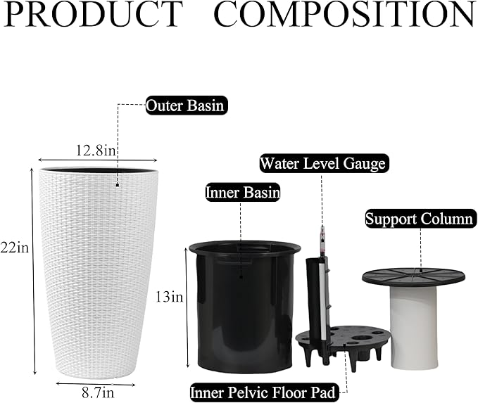 2Pack 22" High Modern Plant Pots Planter-Self-Watering Indoor/Outdoor Planting with Drain Holes, Water Level Monitor, Inner Bucket for Front Porch Patio, White Rattan Conical