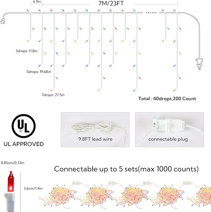 Icicle Christmas Lights Outdoor,23FT 200 Count Multicolor Icicle Lights Indoor with White Wire,Waterproof Connectable Icicle String Light for Holiday Home Garden Window Party Wedding Decor