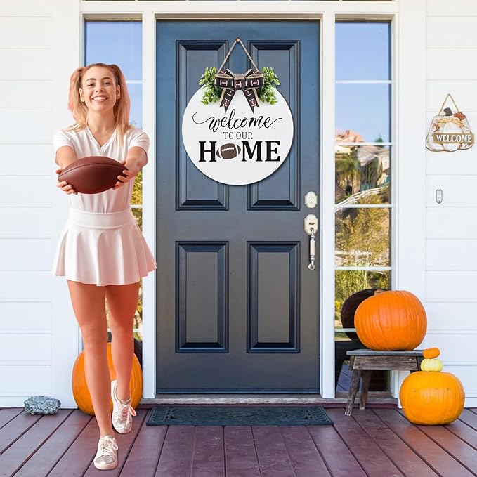 Hello Fall Football Sign for Front Door Thanksgiving Wooden Hanging Sign Fall Welcome Wreaths with Bow Turkey Farmhouse Wall Decoration for Home Autumn Harvest Front Porch Decor(Home)