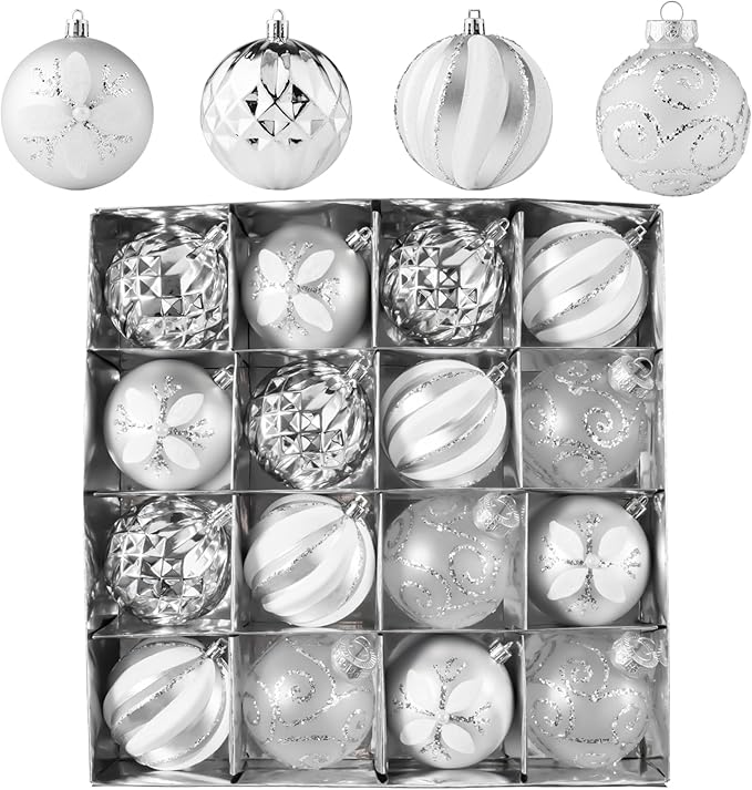 16Pcs Christmas Ball Ornaments Set, 3.15" Shatterproof Christmas Ornaments, Luxury Glitter Hanging Ornaments for Xmas Tree, Xmas Holiday, Party, Wedding (Silver)