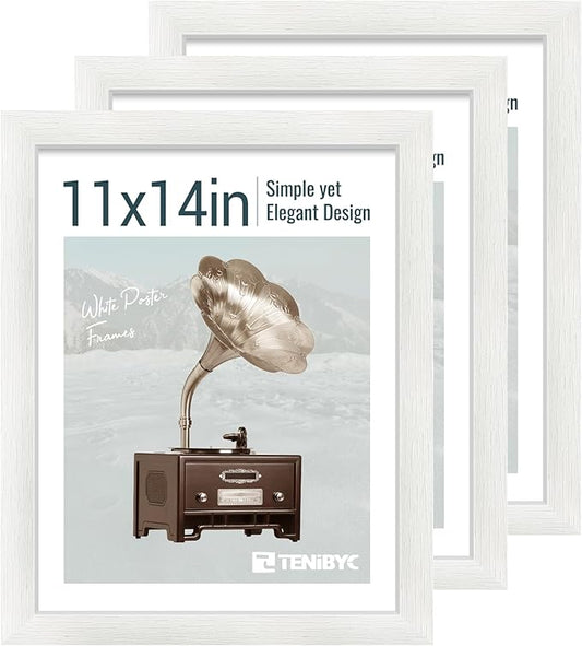 11x14 Picture Frame Set - 3 Pack, Textured White Solid Wood, HD Tempered Glass, Wall Gallery Photo Frame