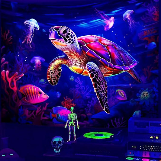 QGHOT Turtle Tapestry, Blacklight Ocean Tapestry Wall Hanging Undersea Black Light Poster for Kids Glow in the Dark for Kids Bedroom Children Toddler Room Decor 90x70in