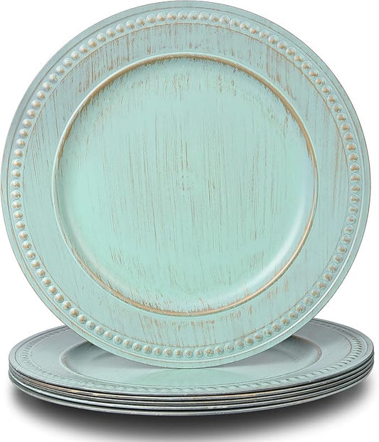 13" Vintage Charger Plates, Beaded Chargers for Dinner Plates Set of 6, Reusable Decorative Charger Plate Set Bulk Wedding, Turquoise