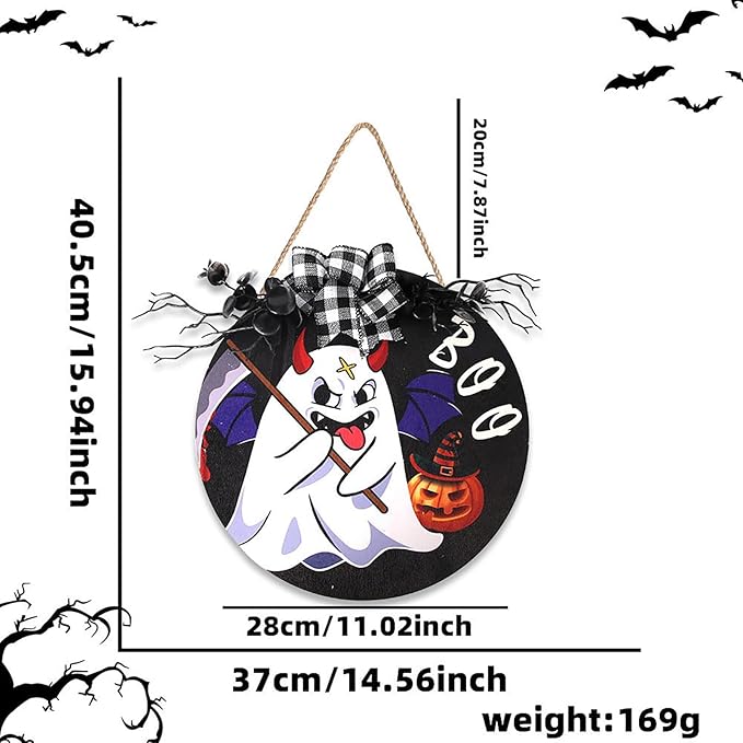 Cute Halloween Round Wooden Plaque Funny Ghost Outdoor Hanging Sign Decoration Halloween Wreaths Art for Home Wall Decor Halloween Courtyard Party Outdoor Indoor Supply Gifts