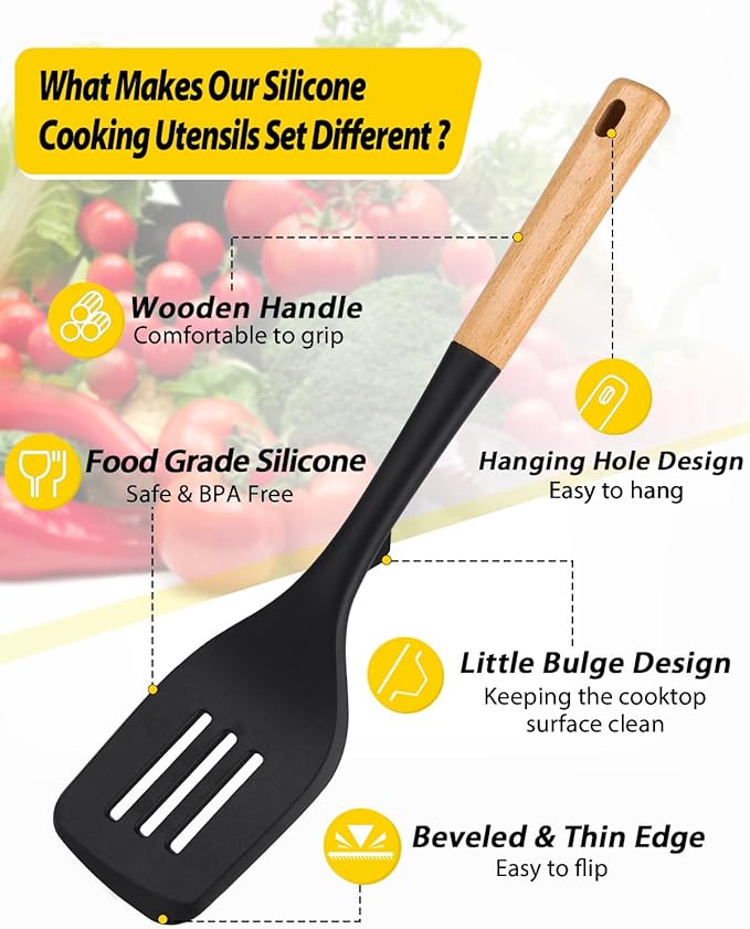 Pack of 4 Silicone Kitchen Utensils Set, Non Stick Solid Spatulas and Heat Resistant Slotted Spoons with Wooden Handle, Ideal BPA Free Cooking Utensils for Mixing,Serving,Turning,Stirring(BLACK)