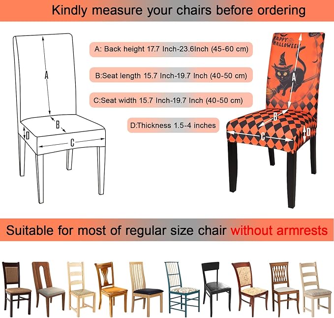 JQinHome Orange Halloween Chair Slipcover,Cat Chair Covers Set of 6, High Stretch Washable Chair Protector Cover for Dining Room, Kitchen,Home Party,Wedding Ceremony(Cat Orange,6PC)