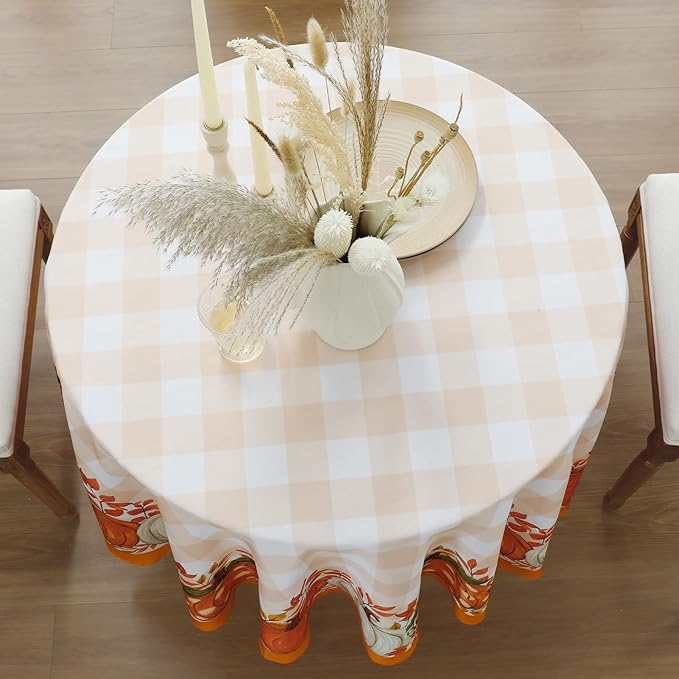 Romanstile Fall Round Tablecloth, Thanksgiving Autumn Harvest Pumpkin Buffalo Plaid Table Cloth, Stain Resistant Washable Table Cover for Party/Dining/Holiday- Orange Checkered, 70 Inch