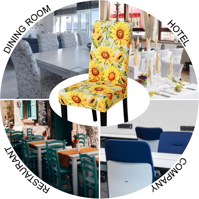 JQinHome Pattern Chair Covers for Dining Room Set of 6, High Stretch Removable Washable Parsons Chair Slipcover for Home Party Hotel Wedding Ceremony (Sunflower,6PCS)
