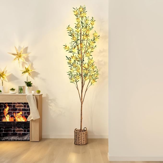 7ft Artificial Olive Tree with LED Fairy Lights & Woven Planter - Lifelike Faux Silk Plant with Realistic Leaves & Fruits and Natural Trunk for Indoor Home Office Living Room Bedroom Foyer Decor