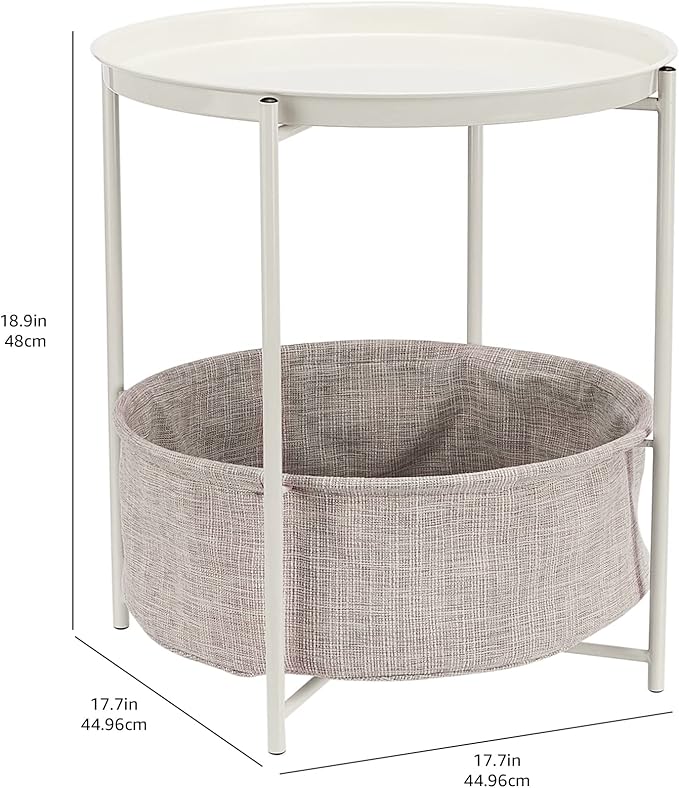 Amazon Basics Round Storage End Table, Side Table with Cloth Basket, White/Heather Gray, 17.7"L x 17.7"W x 18.9"H
