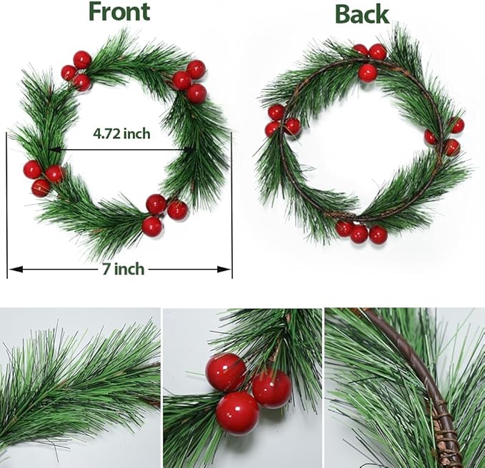 4pcs Christmas Candle Rings Wreaths Artificial Red Berries Greenery Pine Needles Garland Wreaths Candle Rings Holder for Wedding Table Centerpiece Home Dinner Table Decor
