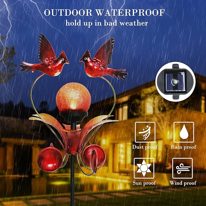 VCUTEKA Cardinal Solar Lights Outdoor Metal Garden Stake Waterproof Crackle Glass Globe Garden Decor Cardinal for Pathway, Lawn, Patio, Yard