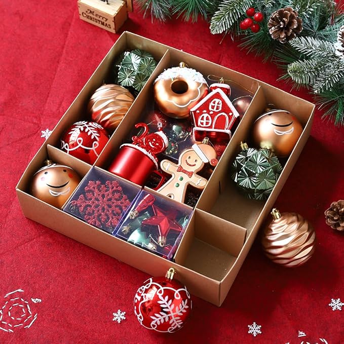 Gingerbread Man Christmas Tree Ball Ornaments Set - 72 ct Red Green Copper Gold Plastic Shatterproof Hanging Ornaments for Xmas Tree Indoor Outdoor Holiday Party Decorations