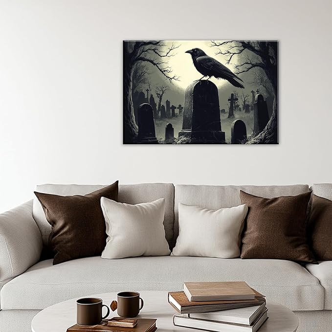 Crow Canvas Wall Art Gothic Black Bird On Branch Painting Print Spooky Forest Full Moon Scenery Poster Artwork Framed Halloween Home Decor(Artwork-3,12"x18")