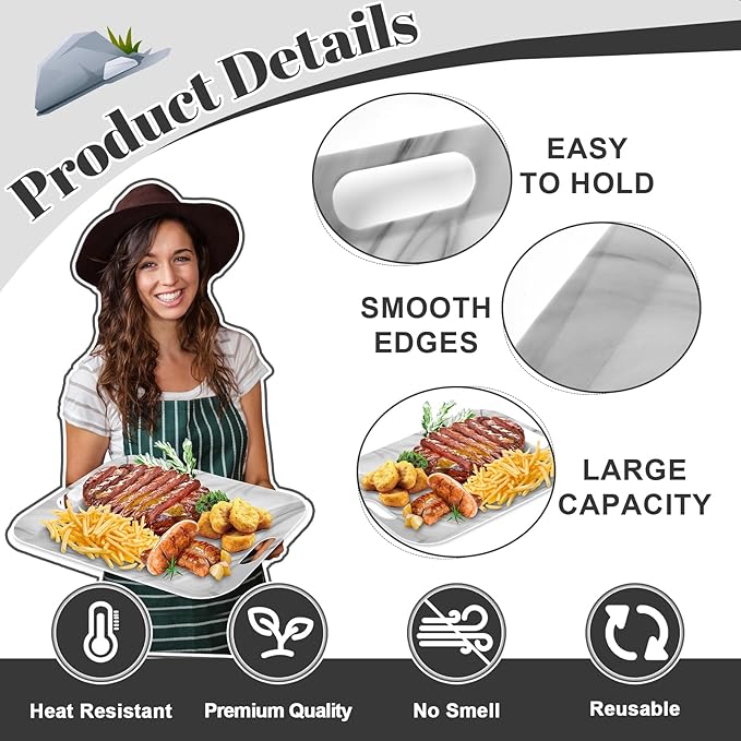 gisgfim 2Pcs Marble Serving Trays with Handles 16 x 11 Inch Large Melamine Tray Rectangular White Marble Serving Platter Grey Tray Melamine Dishes for Serving Food Outdoor Dinner Dessert Plates Party