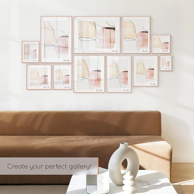 Homeforia 12x18 Picture Frame Rose Gold, High End Metal 12x18 Poster Frames with Mat 8.5x11 in Photo, 12 x 18 Rose Gold Frame Matted to 8.5 by 11 Print, 18x12 Frame, Tempered Glass, Wall Kit, Set of 1