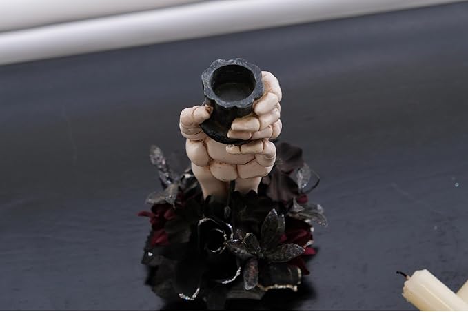 Skeleton Hand Halloween Candle Holder, Resin Candlestick Holder with Black&Burgundy Artificial Flowers Arrangement, Gothic Halloween Decor for Coffee Table/Dining Table Centerpiece, 6" Height