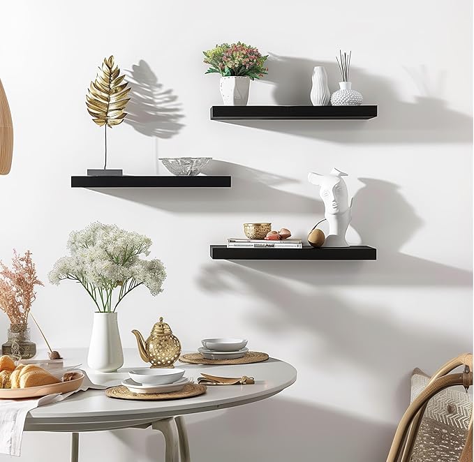 Wood Floating Shelves for Wall Decor, Rustic Wall Shelves for Bedroom Bathroom Kitchen Living Room, Set of 6 Black