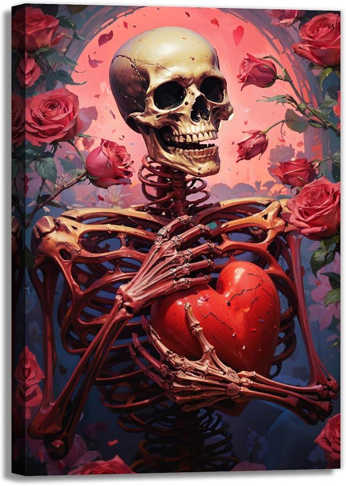OAAPITI Skull Skeleton Canvas Wall Art Skull Holding Heart Picture Print Romantic Theme Painting Artwork Gothic Poster Wall Decor Living Room Halloween Decor(Artwork-1,12"x18")
