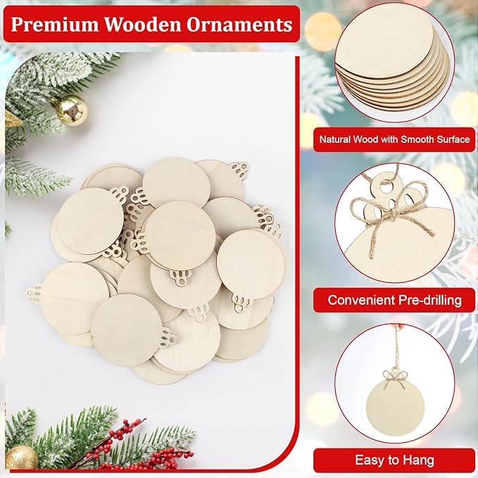 50 PCS Wooden Christmas Ornaments, 3 Inch DIY Wood Ornament for Crafts, Unfinished Wood Ornament to Paint, Blank Round Wooden Ornaments, Make Your Own Paintable Wood Slice