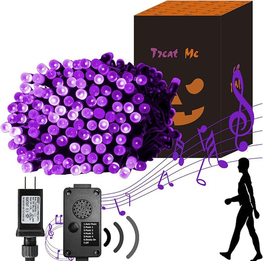 PEIDUO Halloween Decorations Outdoor, 82 FT 200 LED Purple String Lights, Motion Sensor Controller Sync with Spooky Music, Twinkle Fairy Lights for Outside Indoor Party Bedroom Halloween Decor