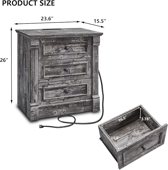 26" Tall Farmhouse Nightstand, 3 Drawers End Table w/Charging Station, 23.6" Wide Large Side Table w/Roman Column, Wood Rustic Sofa Table for Bedroom, Light Gray