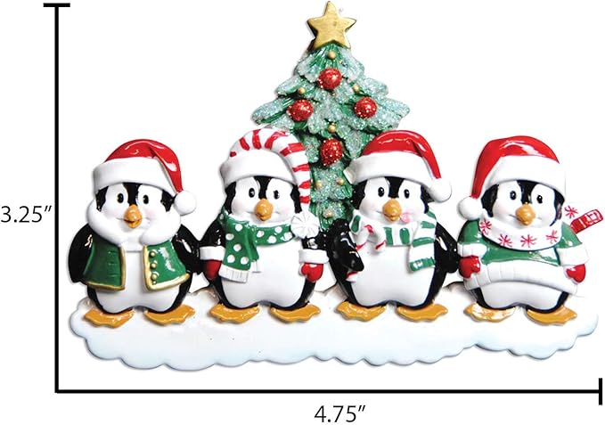 3D Penguins Family of 4 Christmas Ornament 2025 Personalized Family Christmas Ornaments 2025 | Winter Snow Penguins Personalized Tree Ornaments Customizable Gifts of Santa Hat Penguin of Four Ornament