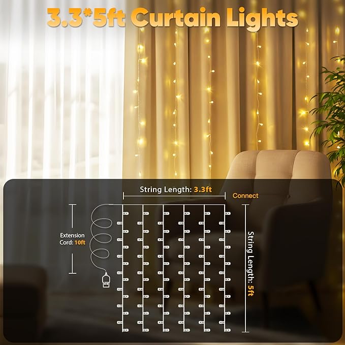 suddus Curtain Lights for Bedroom, 90 Led Hanging String Light Outdoor, Fairy Curtain Lights Indoor for Christmas, Dorm, Wall, Backdrop, Window, Wedding, Party, Birthday Decor, Warm White