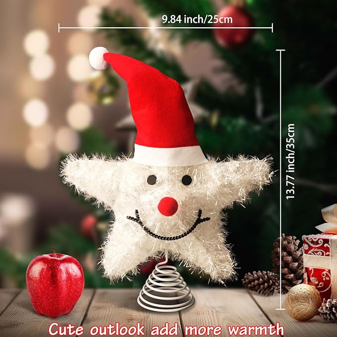 Christmas Tree Topper Snowman Star with Warm White 20 LED Lights, Xmas Tree Topper Star for Holiday Seasonal Decor Battery Required Outdoor Indoor