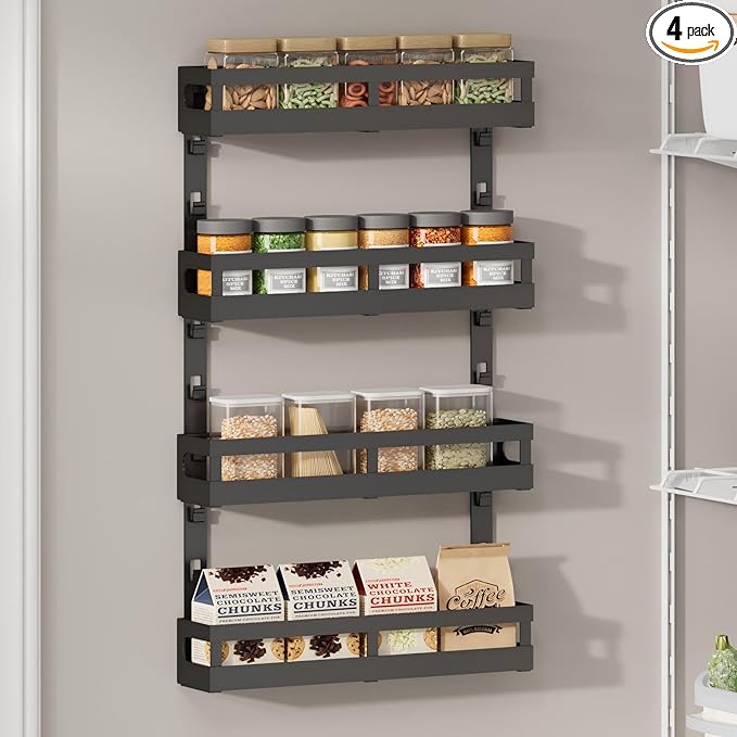 4-Tier Small Wall Mounted Spice Rack Organizer, Hanging Spice Shelf for Cabinet or Pantry, Height-Adjustable Seasoning Holder for Kitchen Storage, Black