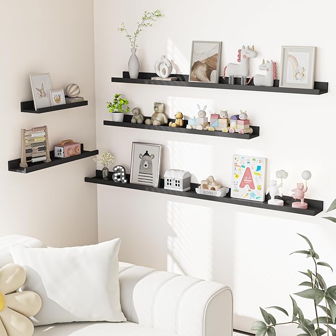 Heimlove Picture Ledge Shelf, Small Floating Shelves Set of 2, 16 Inches Picture Shelf for Wall with Ledge, Kids Bookshelf Wall Mounted for Living Room Bedroom Decor Books Photo Frames, Black