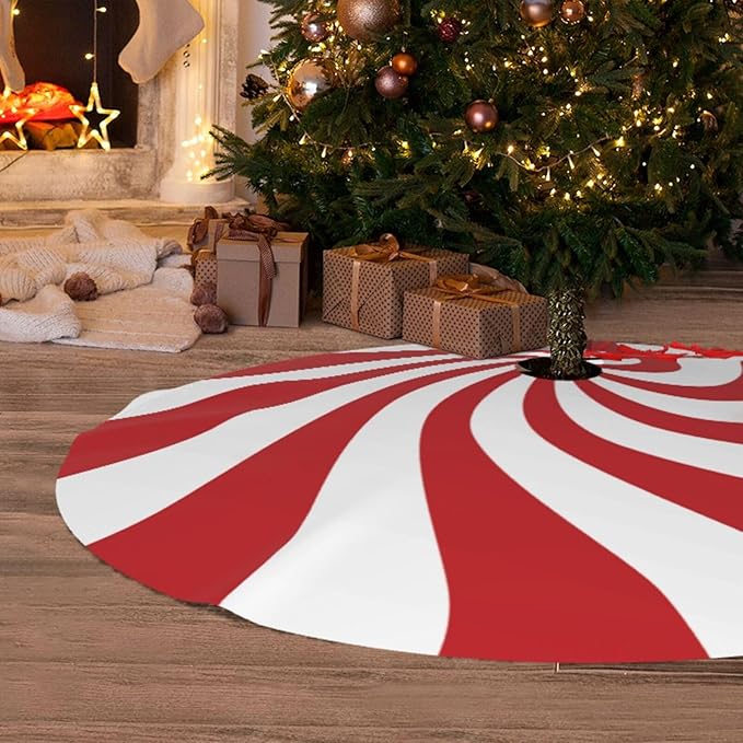 36" Large Christmas Tree Skirt, Red and White Peppermint Candy Round Pattern Tree Mat Base Cover for Xmas Festive Holiday Party Decoration Ornaments