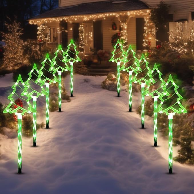 Christmas Solar Pathway Lights Outdoor Decorations， 8 Modes Xmas Tree Candy Lights Waterproof Led Garden Stake Light for Walkway Yard Lawn Porch Holiday Decor 5-Pack (Green Tube Tree, 5 Pack)