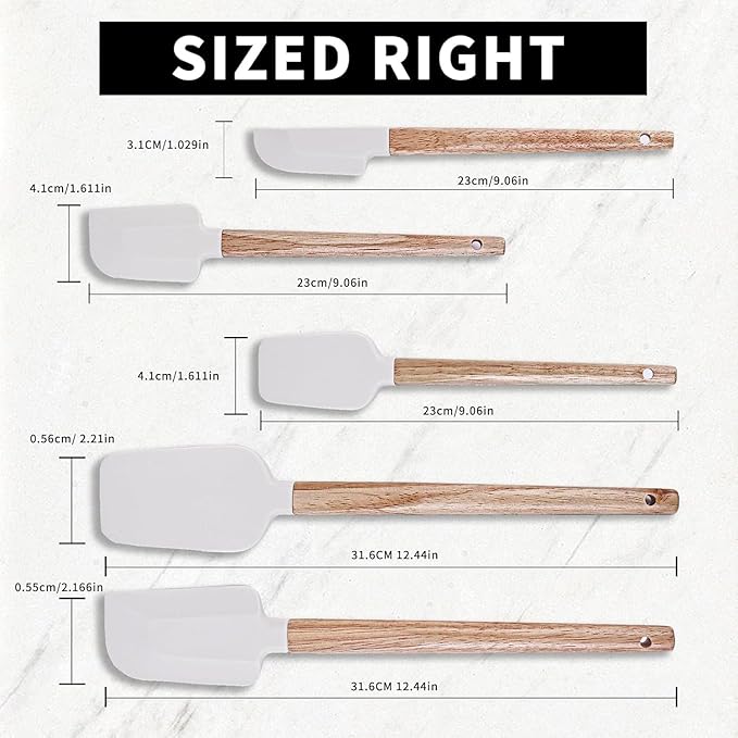 Ptanexx Wooden Handle Silicone Spatula Set 5 Piece, Batter Mixing Spatula, Spatula for Cooking, Jars, Baking, Mixing, Frosting