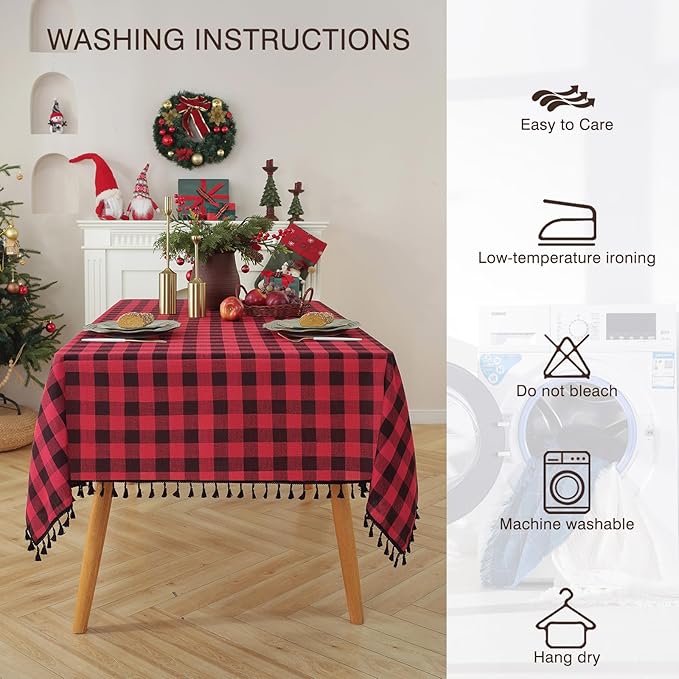 JIALE Gingham Tablecloth Rectangle Cotton Linen Fabric Checkered Table Cloth with Tassel Washable Wrinkle Free Buffalo Plaid Table Cover for Christmas, Party Kitchen Dining,red and Black, 55x106