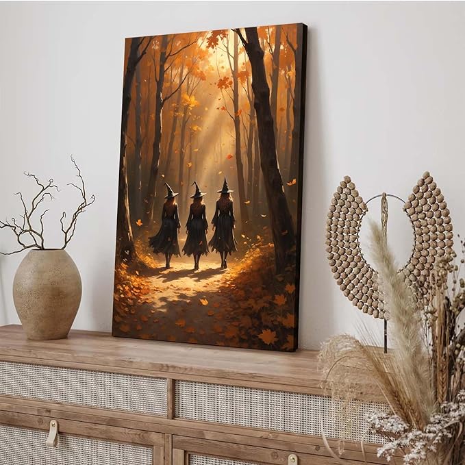 JFHCQJPK Three witches walking in the forest in autumn canvas painting gothic poster halloween print country witch wall art for home decoration32x48in Frameless