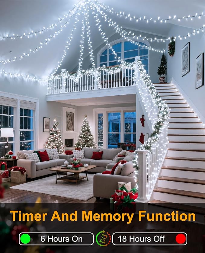 40FT 120 LED Christmas Lights Outdoor, Green Wire Christmas Tree Lights with 8 Modes & Waterproof, Connectable Plug in String Light for Indoor Bedroom Yard Party Wedding Decorations, White